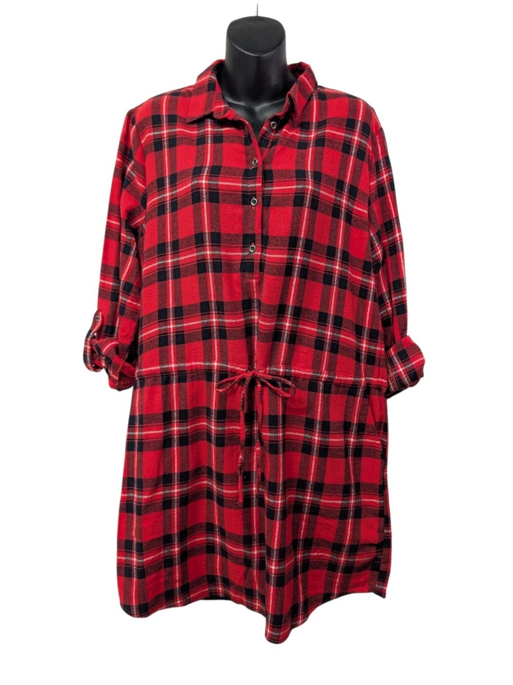 Forever 21 Women's L Red/Black/White Plaid Flannel Shirt Dress Drawstring NWT